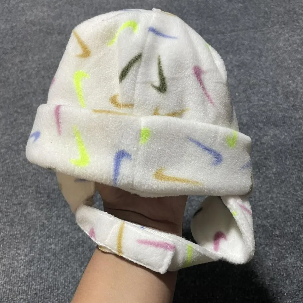 Nike Hat Beanie Fitted Toddler White Multicolor Fleece Ear Flap Winter